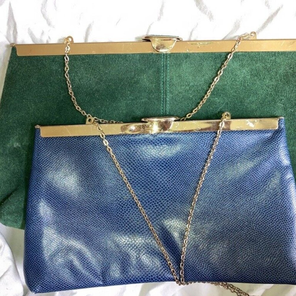 2 Vintage Etra Purse Green Suede Blue Genuine Leather Envelope Clutch Gold Chain